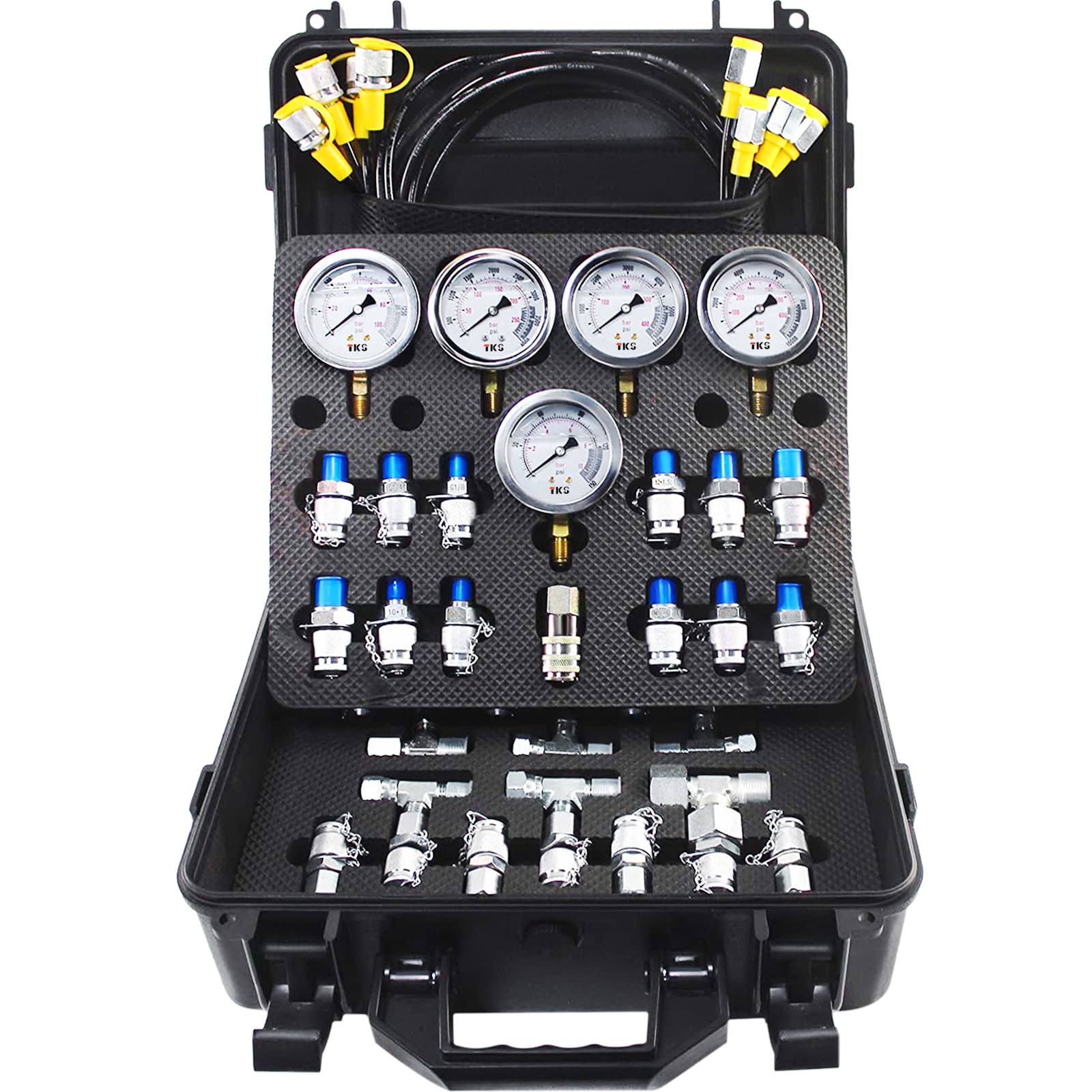 VEVOR Hydraulic Pressure Test Kit, 10/100/250/400/600bar, 5 Gauges 13 Test Couplings 14 Tee Connectors 5 Test Hoses, Hydraulic G
